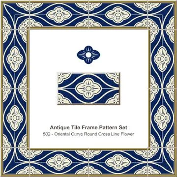 Antique tile frame pattern set Oriental Curve Round Cross Line Flower Stock Illustration