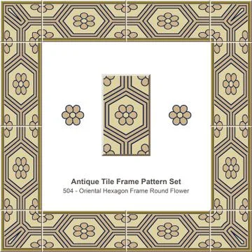 Antique tile frame pattern set Oriental Hexagon Frame Round Flower Illustrazione stock
