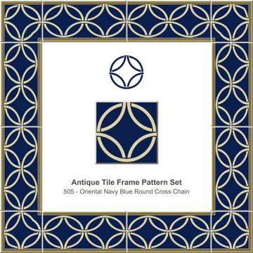 Antique tile frame pattern set Oriental Navy Blue Round Cross Chain Stock Illustration