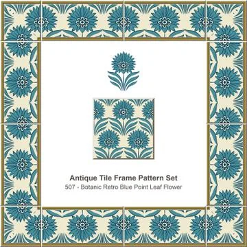 Antique tile frame pattern set Botanic Retro Blue Point Leaf Flower Stock Illustration