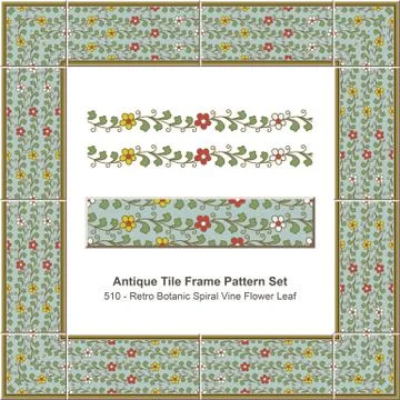 Antique tile frame pattern set Retro Botanic Spiral Vine Flower Leaf イラスト素材