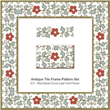Antique tile frame pattern set Red Spiral Curve Leaf Vine Flower イラスト素材