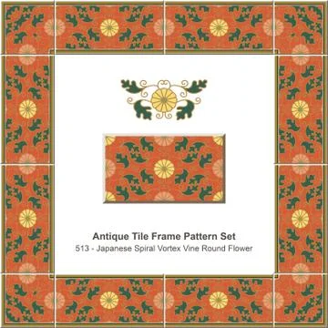 Antique tile frame pattern set Japanese Spiral Vortex Vine Round Flower Illustrazione stock