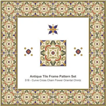 Antique tile frame pattern set Curve Cross Chain Flower Oriental Chintz 스톡 일러스트