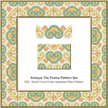 Antique tile frame pattern set Spiral Curve Cross Japanese Retro Pattern Illustrazione stock