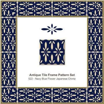 Antique tile frame pattern set Navy Blue Flower Japanese Chintz 스톡 일러스트