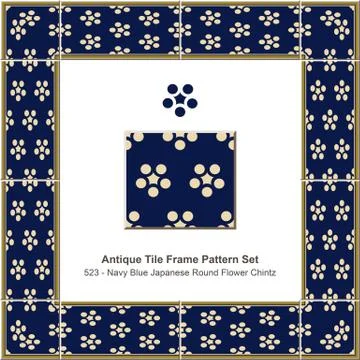 Antique tile frame pattern set Navy Blue Japanese Round Flower Chintz Stock Illustration