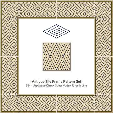 Antique tile frame pattern set Japanese Check Spiral Vortex Rhomb Line Stock Illustration