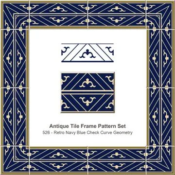 Antique tile frame pattern set Retro Navy Blue Check Curve Geometry Stock Illustration