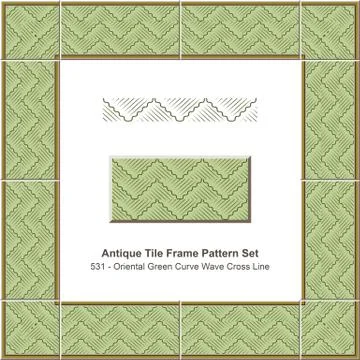 Antique tile frame pattern set Oriental Green Curve Wave Cross Line Stock Illustration