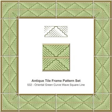 Antique tile frame pattern set Oriental Green Curve Wave Square Line Stock Illustration