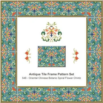 Antique tile frame pattern set Oriental Chinese Botanic Spiral Flower Chintz Stock Illustration