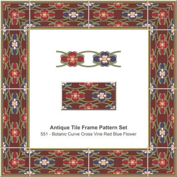 Antique tile frame pattern set Botanic Curve Cross Vine Red Blue Flower Illustrazione stock