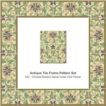 Antique tile frame pattern set Chinese Botanic Garden Spiral Cross Leaf Vine  Stock Illustration