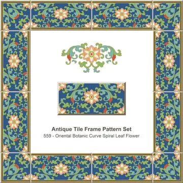 Antique tile frame pattern set Oriental Botanic Curve Spiral Leaf Flower Illustrazione stock