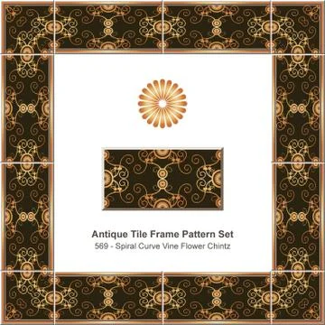 Antique tile frame pattern set vintage botanic spiral vortex curve vine flowe Stock Illustration
