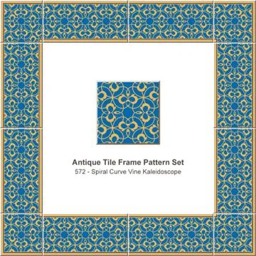 Antique tile frame pattern set yellow spiral vortex curve cross vine kaleidos Illustrazione stock