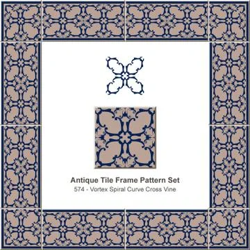 Antique tile frame pattern set vortex spiral curve cross vine イラスト素材