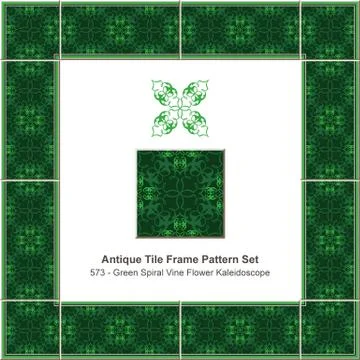 Antique tile frame pattern set vintage green spiral cross vine flower kaleido Illustrazione stock