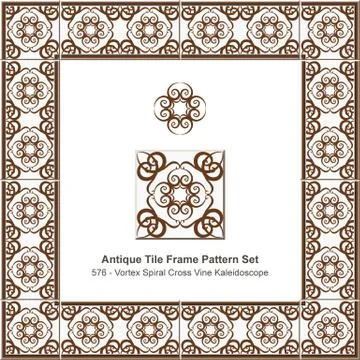 Antique tile frame pattern set brown vortex spiral curve cross vine kaleidosc イラスト素材