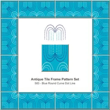 Antique tile frame pattern set blue round curve dot line Stockillustratie