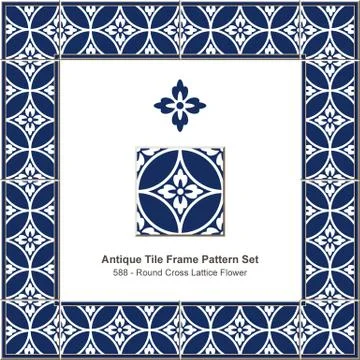 Antique tile frame pattern set blue round cross lattice flower Stock Illustration