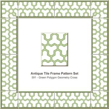 Antique tile frame pattern set green polygon geometry cross lattice Stock Illustration