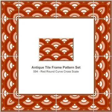 Antique tile frame pattern set red round curve cross scale geometry Stock Illustration