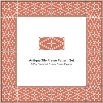 Antique tile frame pattern set diamond check cross geometry flower Stock Illustration
