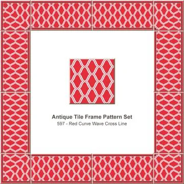 Antique tile frame pattern set red curve wave cross line Stock Illustration