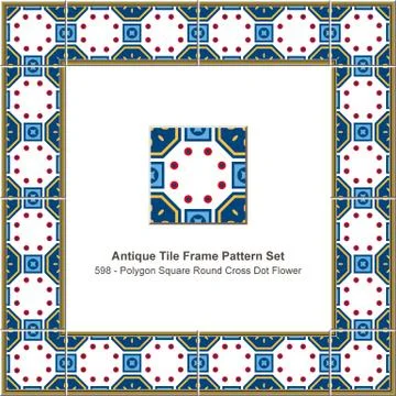 Antique tile frame pattern set polygon square round cross dot flower Stock Illustration