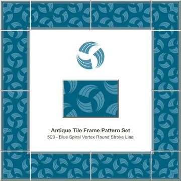 Antique tile frame pattern set blue spiral vortex round stroke line Stock Illustration