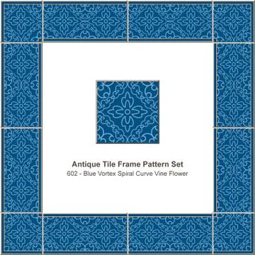 Antique tile frame pattern set blue vortex spiral curve vine flower Stock Illustration