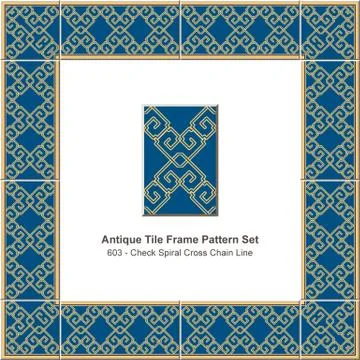 Antique tile frame pattern set yellow check square spiral vortex cross chain Stock Illustration