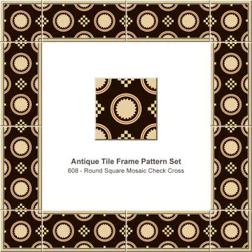 Antique tile frame pattern set round check square mosaic cross geometry Illustrazione stock