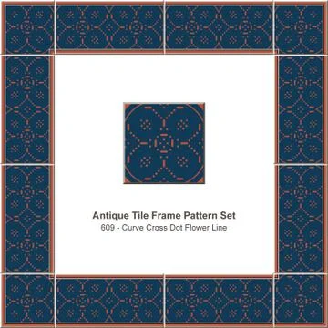 Antique tile frame pattern set curve cross dot flower line Stock Illustration