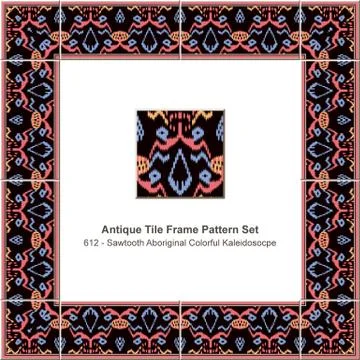 Antique tile frame pattern set sawtooth edge aboriginal cross colorful kaleid Stock Illustration