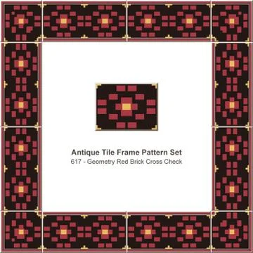 Antique tile frame pattern set red geometry brick cross check Stock Illustration