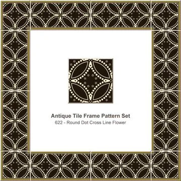 Antique tile frame pattern set round curve cross dot line flower 스톡 일러스트
