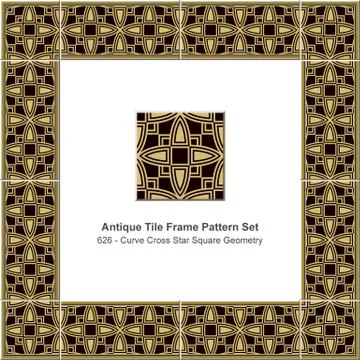 Antique tile frame pattern set curve cross star square geometry Stock Illustration