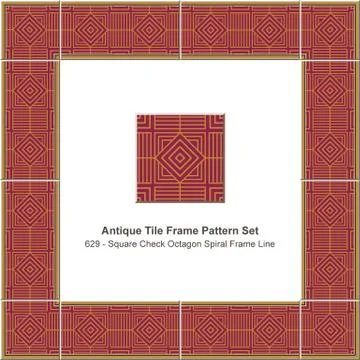 Antique tile frame pattern set square check spiral geometry lattice line Illustrazione stock