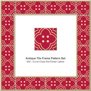 Antique tile frame pattern set curve cross flower dot lattice Stock Illustration