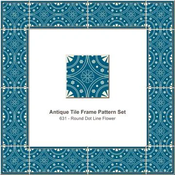 Antique tile frame pattern set round dot line flower 스톡 일러스트