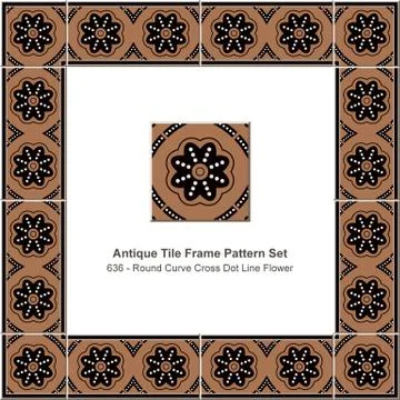 Antique tile frame pattern set round curve cross dot line flower 스톡 일러스트