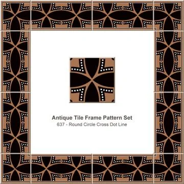 Antique tile frame pattern set round circle cross dot line Stock Illustration