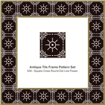 Antique tile frame pattern set square cross round dot line flower Stock Illustration