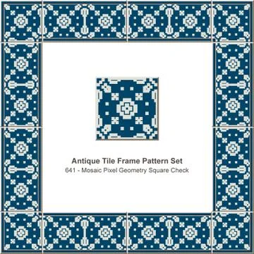 Antique tile frame pattern set mosaic pixel geometry square check Stock Illustration