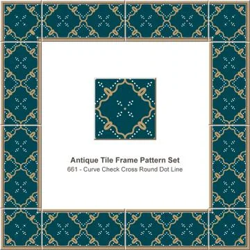 Antique tile frame pattern set curve check cross round dot line Stock Illustration
