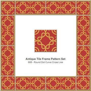 Antique tile frame pattern set golden round dot curve cross line 스톡 일러스트