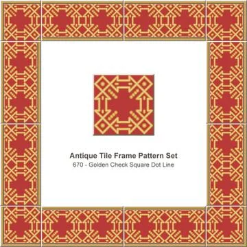Antique tile frame pattern set golden check square dot line 库存插图